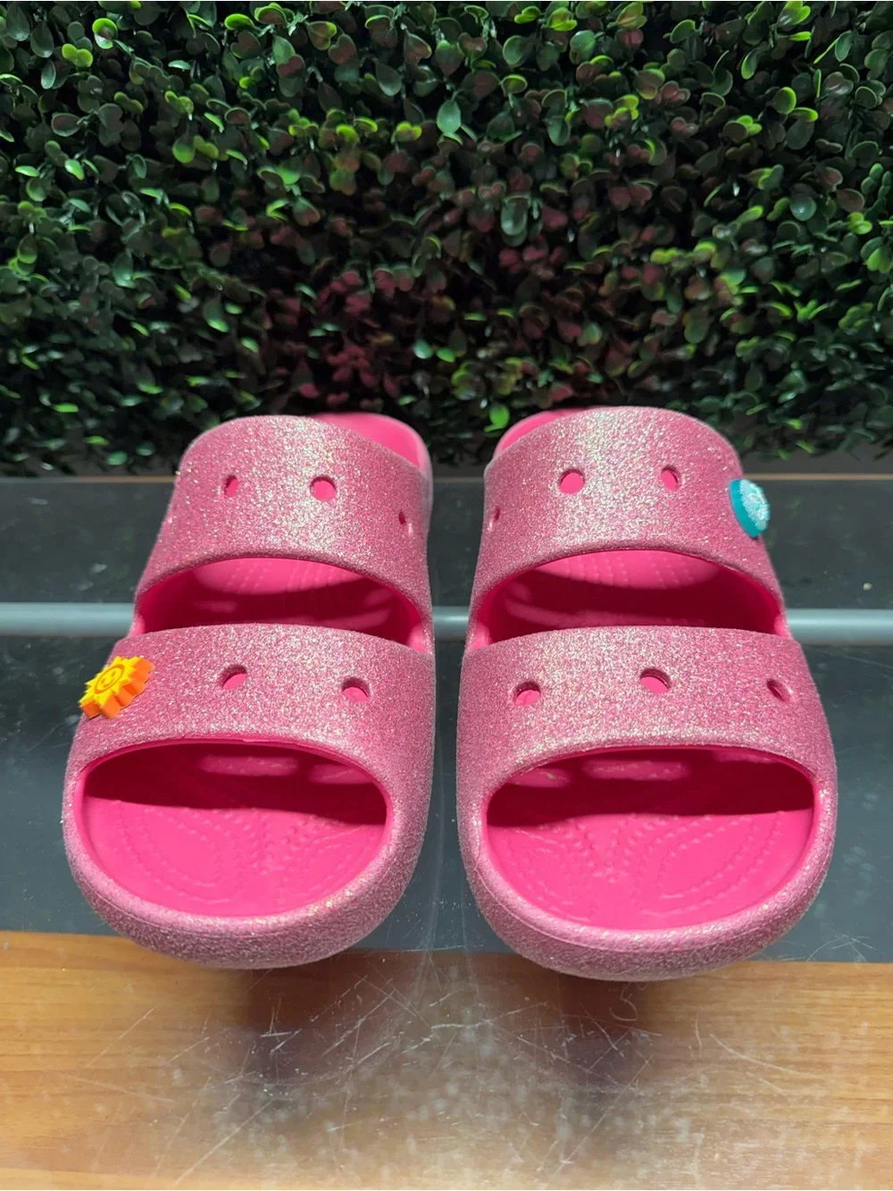 CROCS Kids Glitter Pink Slide Sandals with Sun Charm